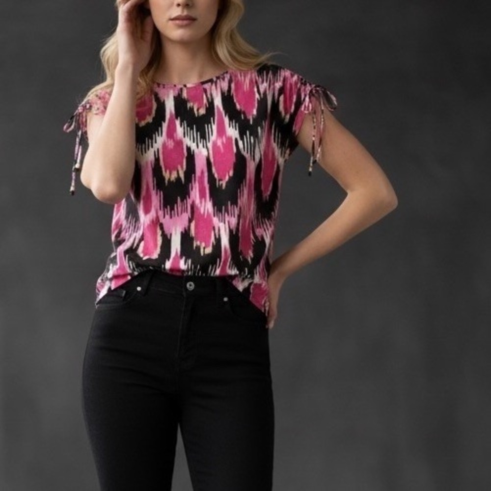 Womens M MICHAEL KORS Stretchy Boho Bohemian Pink Black Geometric Ikat Shirt Top